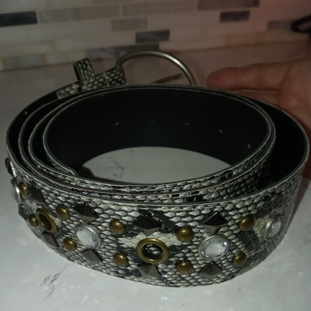 Faux Snakeskin "Diamond" And Studs statement Belt Gray Black White 52.5" Length